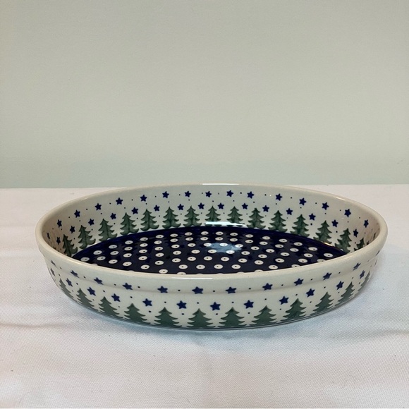 Boleslawiec Polish Pottery Peacock Pines Stars Oval Baking Dish Casserole 8x11 - Picture 1 of 5